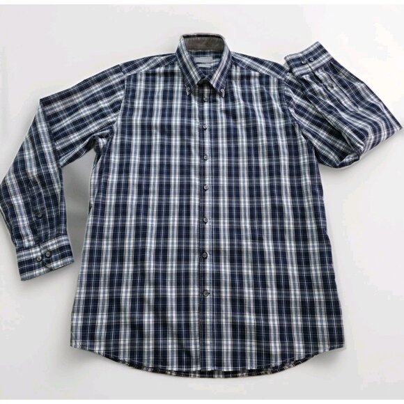 Sondergaard Casual Shirt Men 16 Blue White Plaid LS Buttons Collar Fitted Cotton - Picture 9 of 16